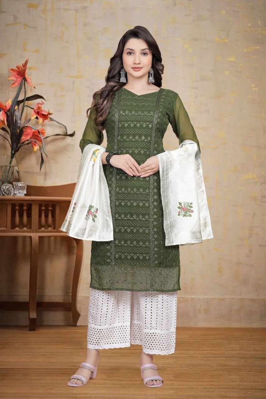 MANU SET-chikankari work With Cotton Borer work palazzo & beautiful jecard dupatta