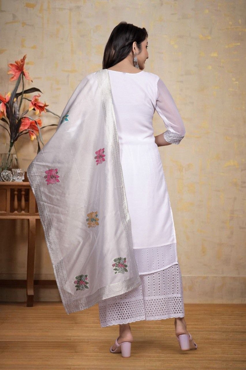 MANU SET-chikankari work With Cotton Borer work palazzo & beautiful jecard dupatta
