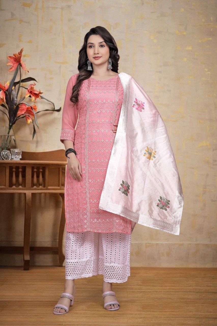 MANU SET-chikankari work With Cotton Borer work palazzo & beautiful jecard dupatta