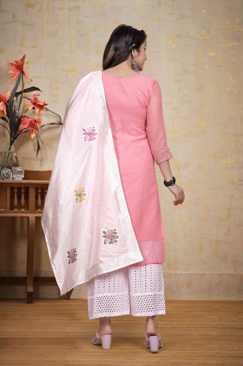 MANU SET-chikankari work With Cotton Borer work palazzo & beautiful jecard dupatta