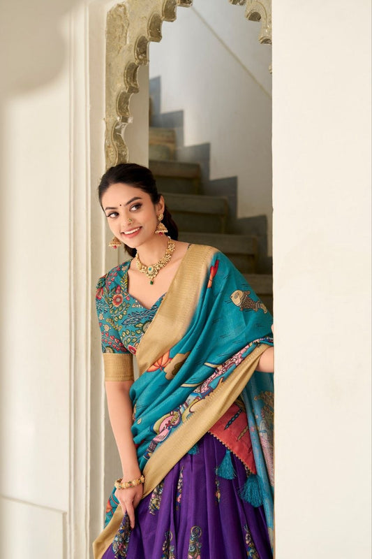 JAMKUDI-Adorned in the elegance of Dola Silk and the intricate charm of Kalamkari prints, the lehenga choli whispers tales of tradition and beauty