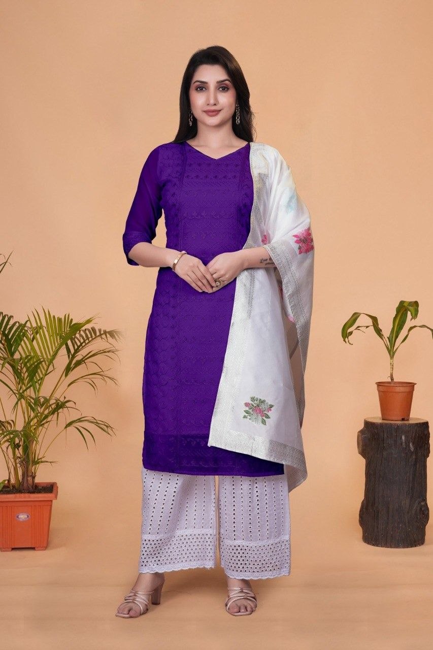 MANU SET-chikankari work With Cotton Borer work palazzo & beautiful jecard dupatta
