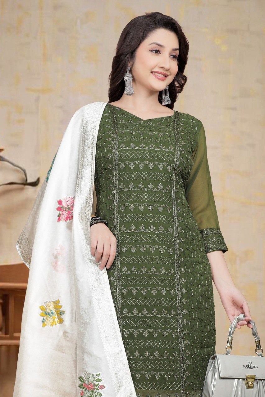 MANU SET-chikankari work With Cotton Borer work palazzo & beautiful jecard dupatta