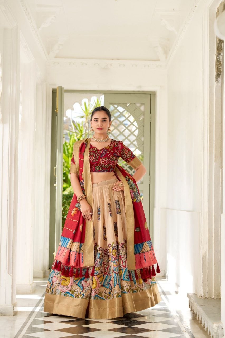 JAMKUDI-Adorned in the elegance of Dola Silk and the intricate charm of Kalamkari prints, the lehenga choli whispers tales of tradition and beauty