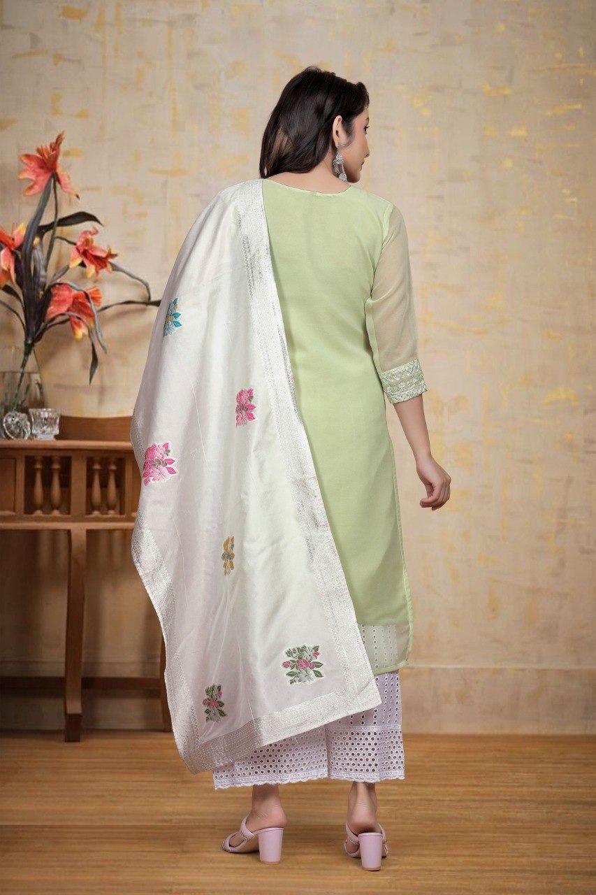 MANU SET-chikankari work With Cotton Borer work palazzo & beautiful jecard dupatta