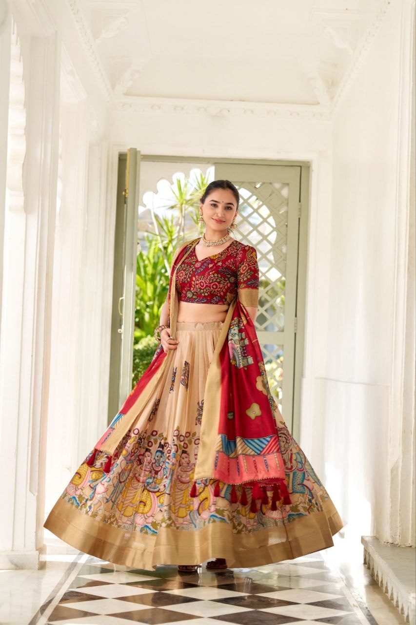 JAMKUDI-Adorned in the elegance of Dola Silk and the intricate charm of Kalamkari prints, the lehenga choli whispers tales of tradition and beauty