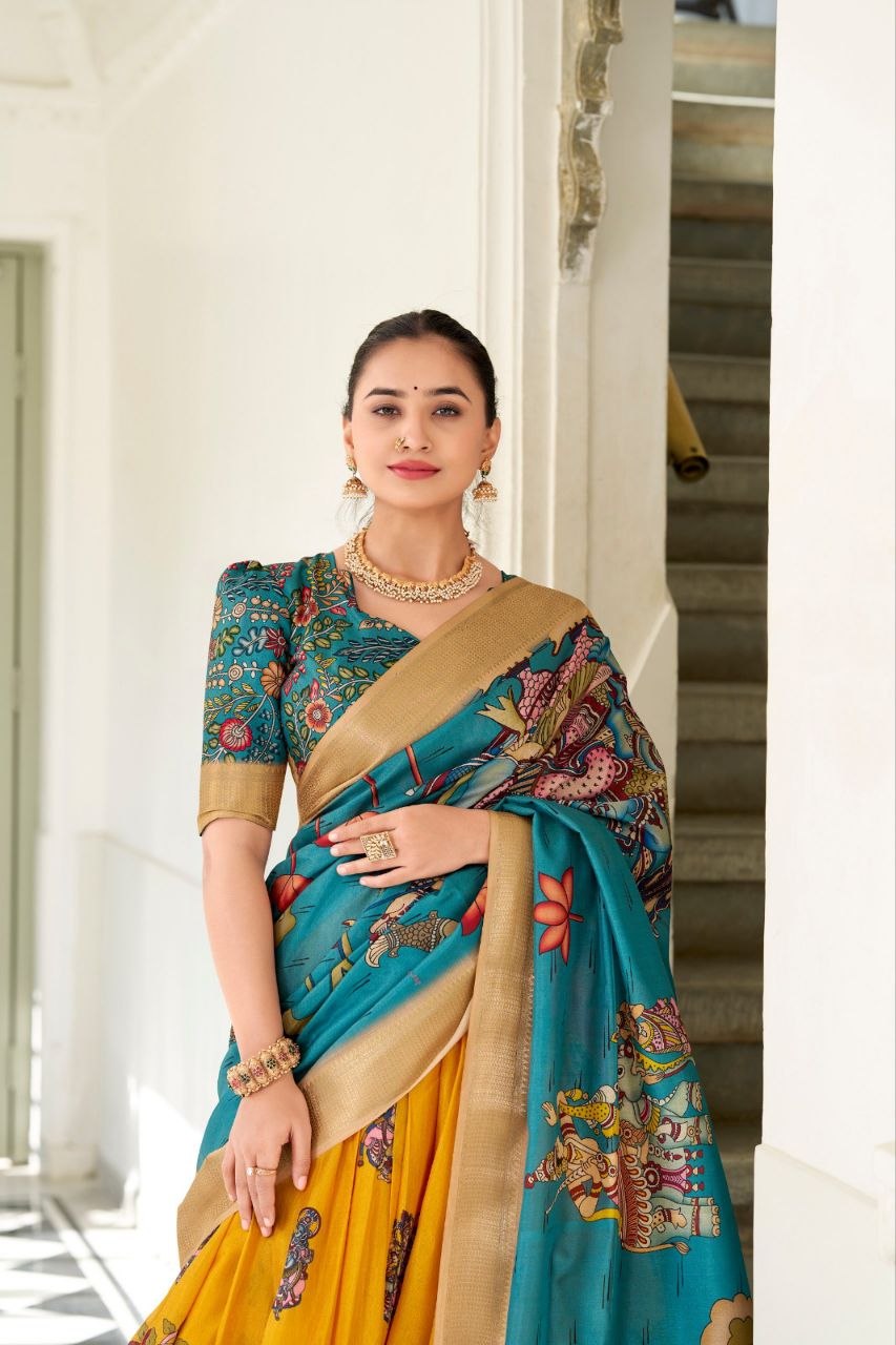 JAMKUDI-Adorned in the elegance of Dola Silk and the intricate charm of Kalamkari prints, the lehenga choli whispers tales of tradition and beauty