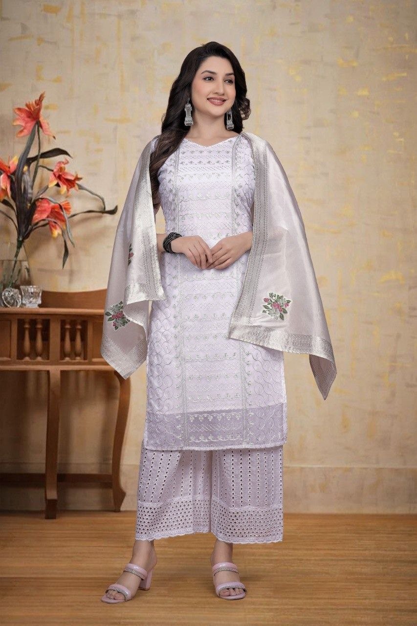 MANU SET-chikankari work With Cotton Borer work palazzo & beautiful jecard dupatta