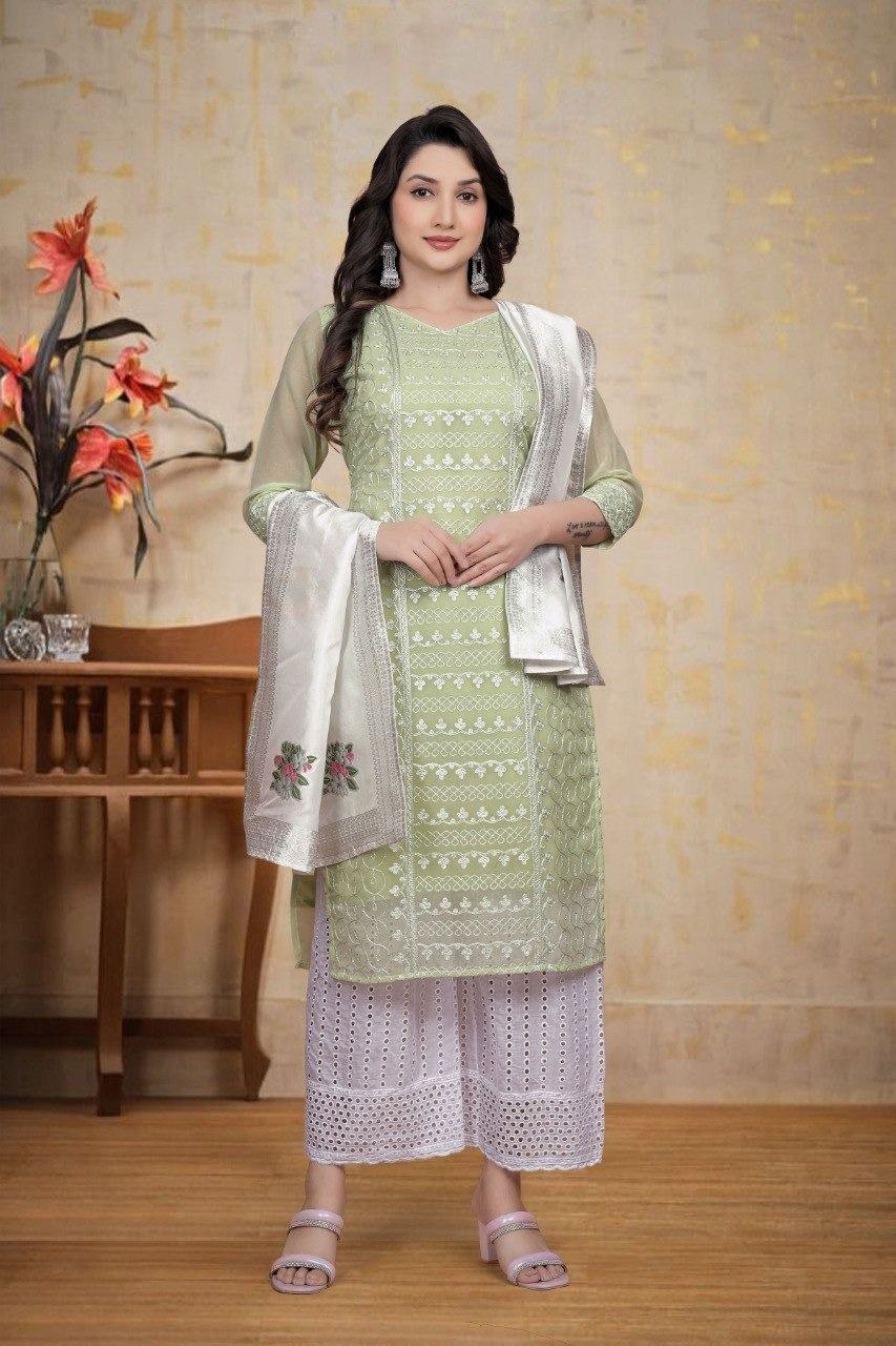MANU SET-chikankari work With Cotton Borer work palazzo & beautiful jecard dupatta