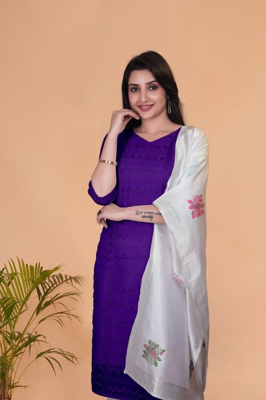 MANU SET-chikankari work With Cotton Borer work palazzo & beautiful jecard dupatta