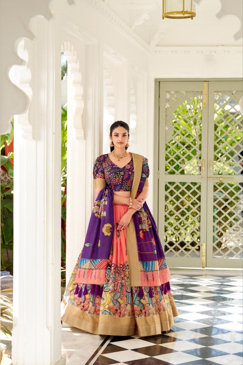 JAMKUDI-Adorned in the elegance of Dola Silk and the intricate charm of Kalamkari prints, the lehenga choli whispers tales of tradition and beauty